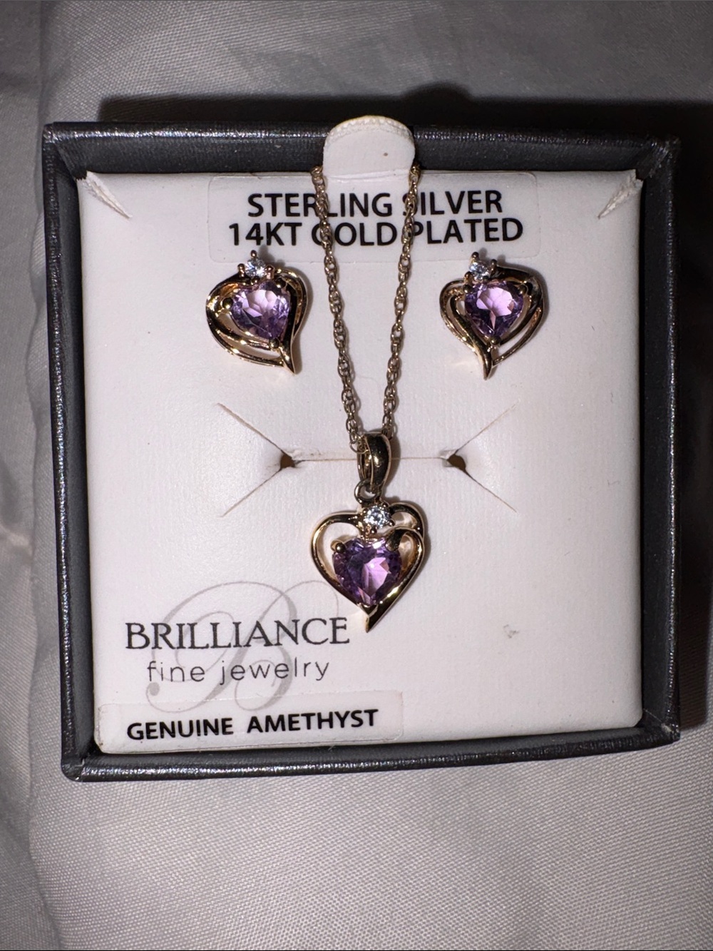Gold-Plated Sterling Silver Amethyst Heart Necklace & Earrings Set